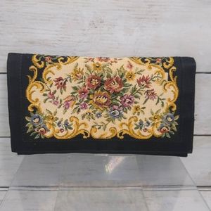 Vtg Med Black Fabric Floral Panel Tapestry Evening Envelope Snap Clutch Prop